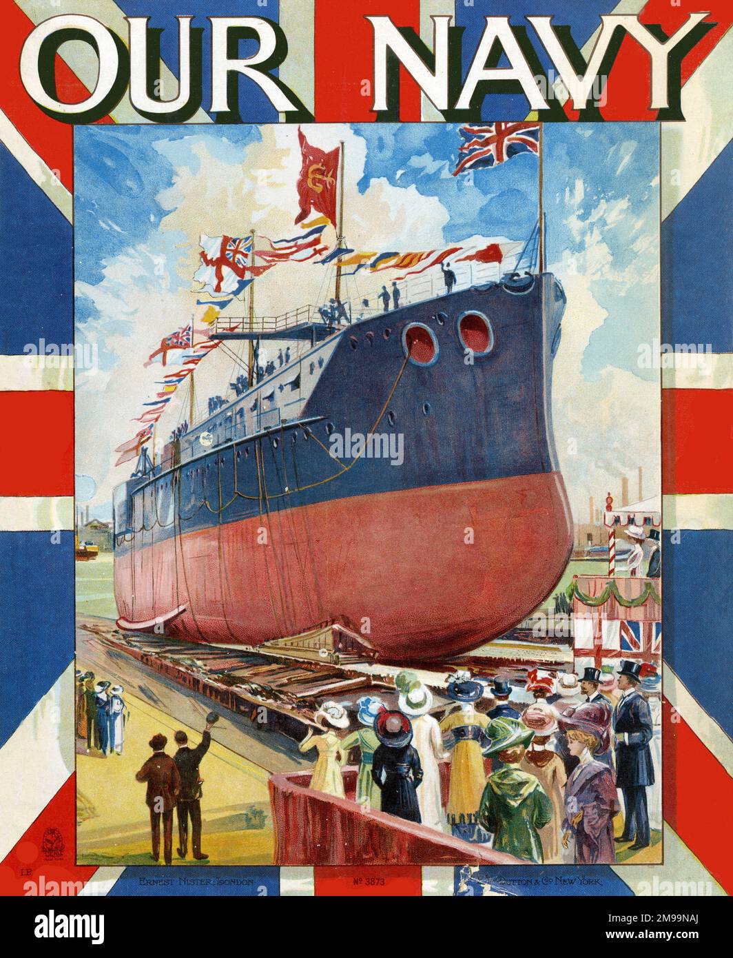 Front cover illustration by Charles John De Lacy (1856-1929) for 'Our Navy' - Christening a Ship before she is launched Stock Photo