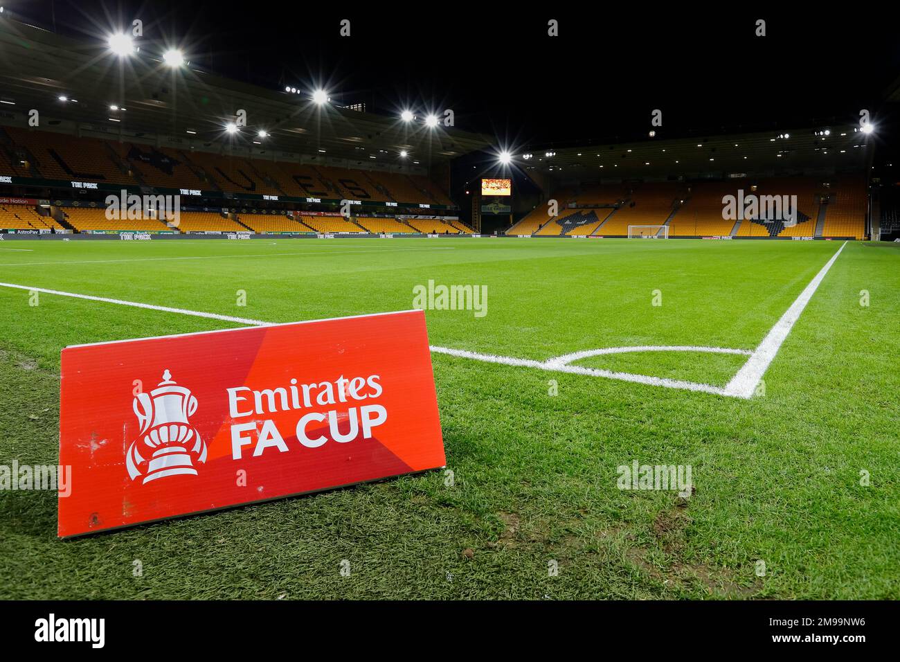 Wolverhampton, West Midlands, UK. 17th January 2023; Molineux Stadium, Wolverhampton, West Midlands, England; FA Cup Football, Wolverhampton Wanderers versus Liverpool; The FA Cup sign on the pitch inside the Molineux Stadium before kick-off. Credit: Action Plus Sports Images/Alamy Live News Credit: Action Plus Sports Images/Alamy Live News Stock Photo