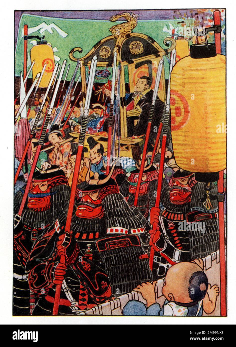 A troupe of Japanese warriors in red and black armour - The Story of the Mikado by W S Gilbert. Stock Photo