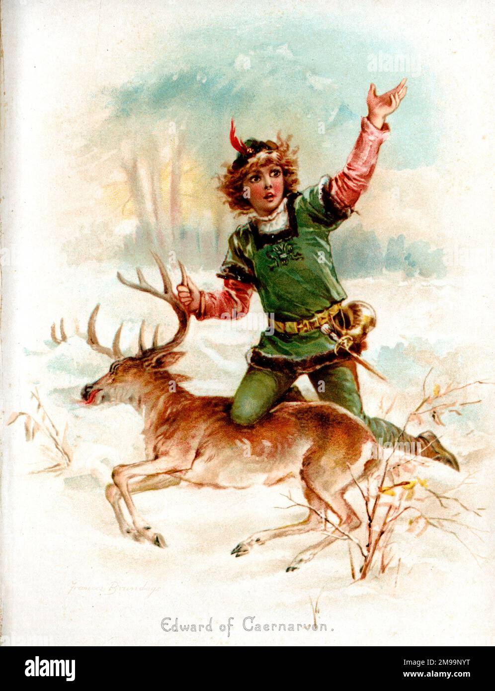 Edward of Caernarvon, later King Edward II of England. Seen here with a fallen stag in the snow. Stock Photo