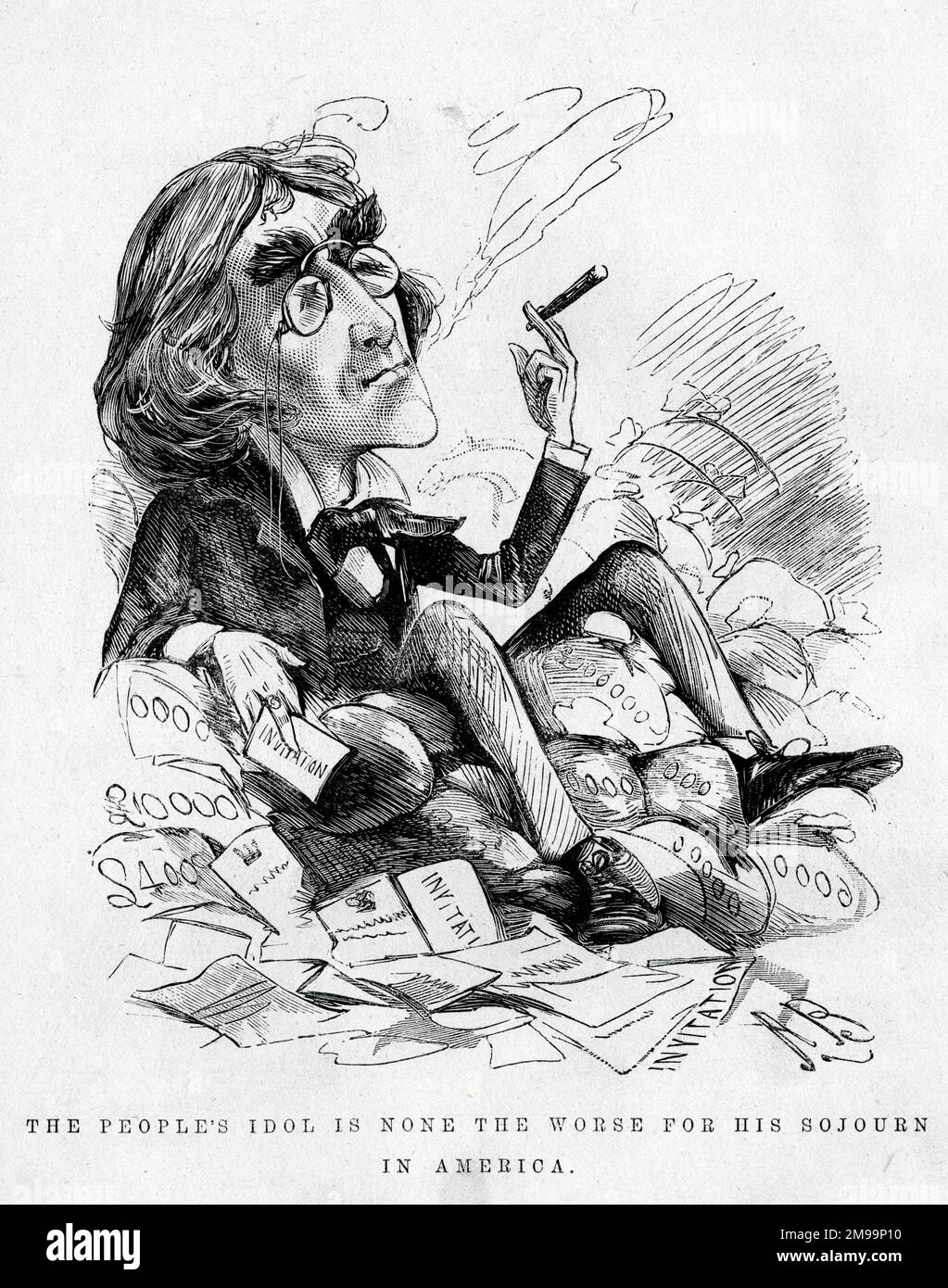 Cartoon, Henry Irving's return from America - The people's idol is none the worse for his sojourn in America. Showing the famous actor-manager smoking a cigar and sitting on a pile of money. Stock Photo