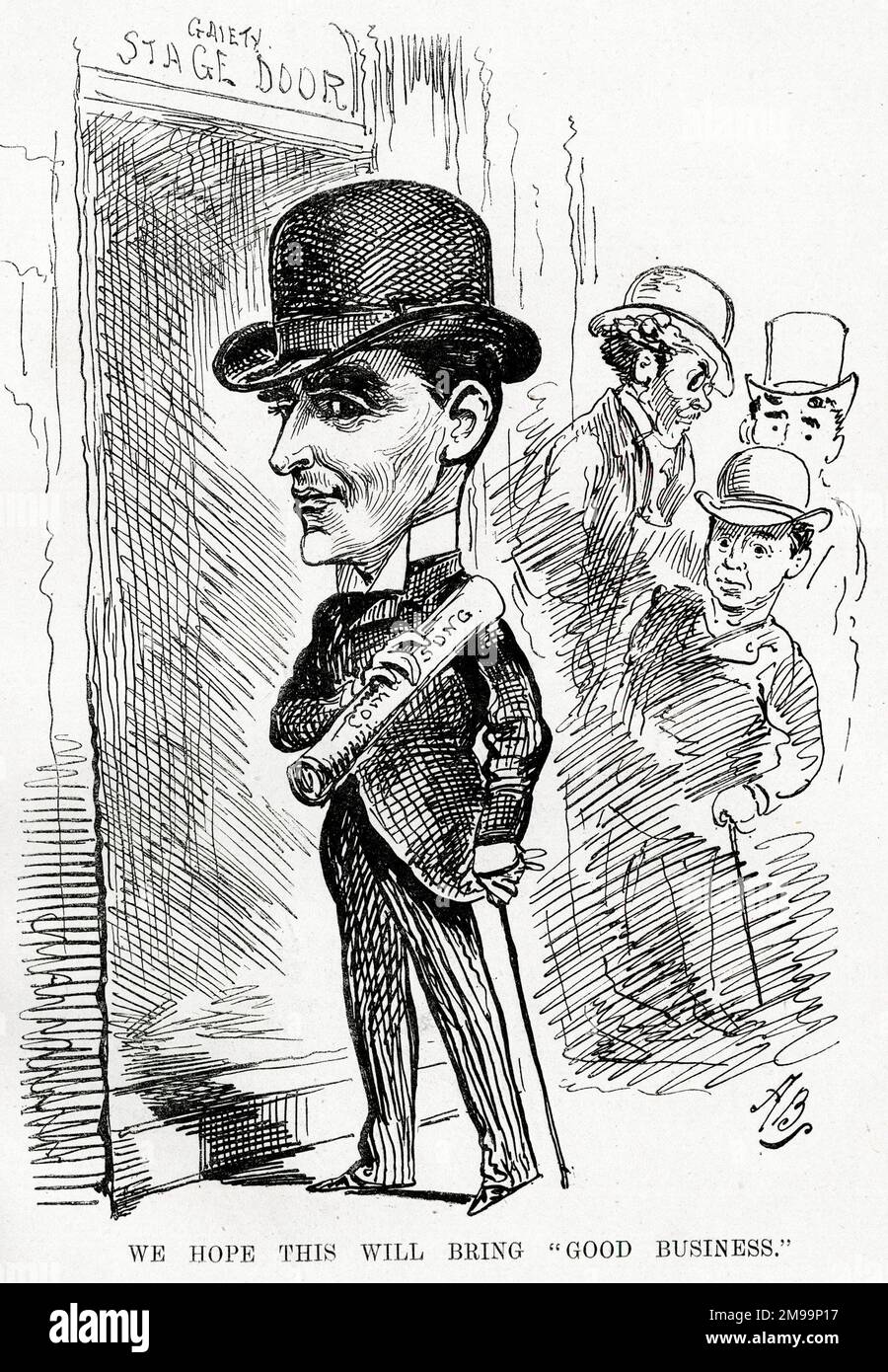 Cartoon, outside the Stage Door of the Gaiety Theatre, London - We hope this will bring good business. The man in the foreground is J L Shine, director of the theatre. Stock Photo