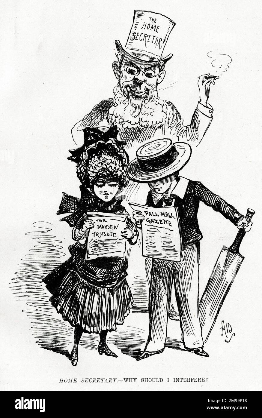 Cartoon, Home Secretary - Why Should I Interfere?  Showing Richard Assheton Cross, Conservative Home Secretary, doing nothing about child prostitution and the white slave trade. Articles by W T Stead had recently appeared in the Pall Mall Gazette, entitled 'The Maiden Tribute of Modern Babylon'. Stock Photo