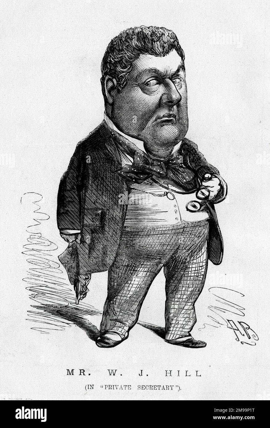 Cartoon, William Jones Hill (1834-1888) as Mr Cattermole in a theatre production of Private Secretary, a farce in three acts by Charles Hawtrey. Stock Photo
