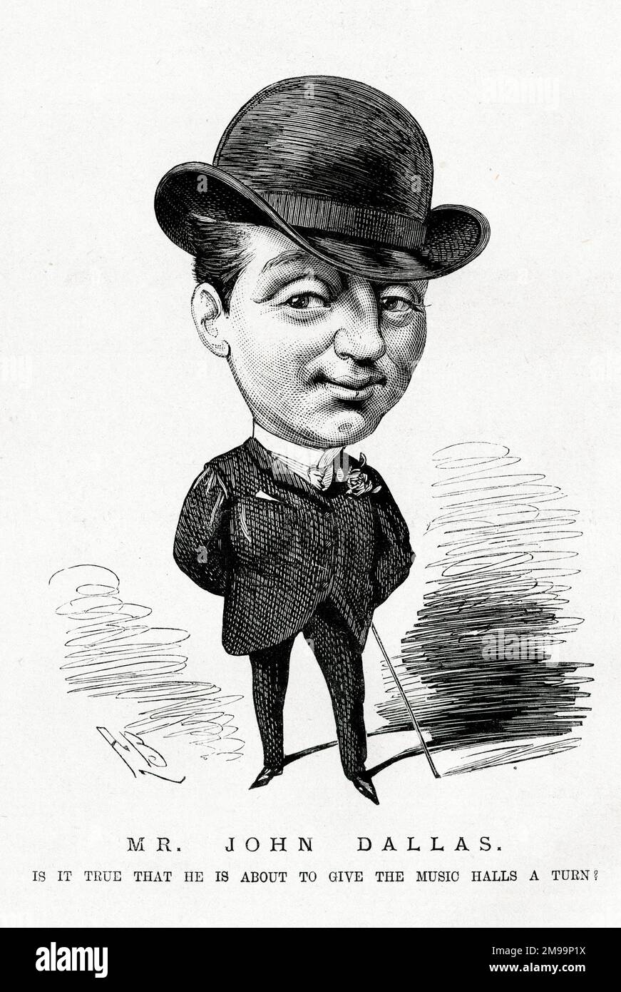 Cartoon portrait, Mr John Dallas, actor - Is it true that he is about to give the music halls a turn? Stock Photo