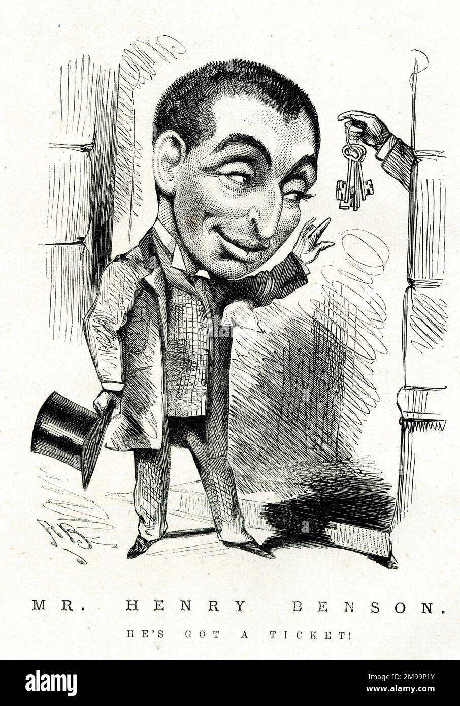 Cartoon, Mr Henry (Harry) Benson, He's Got a Ticket!  Harry Benson was a confidence trickster who was convicted of forgery and the bribing of police officers. Stock Photo