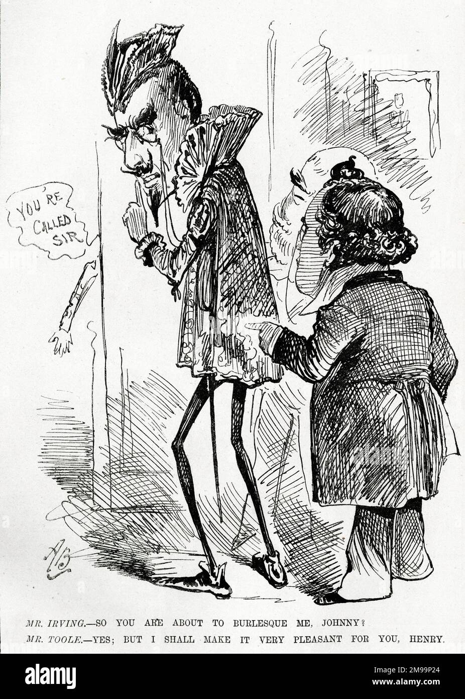 Cartoon, Henry Irving as Mephistopheles with J L Toole - So you are about to burlesque me, Johnny?  Probably a reference to a Faust burlesque, Faust and Loose, written by F C Burnand. Stock Photo