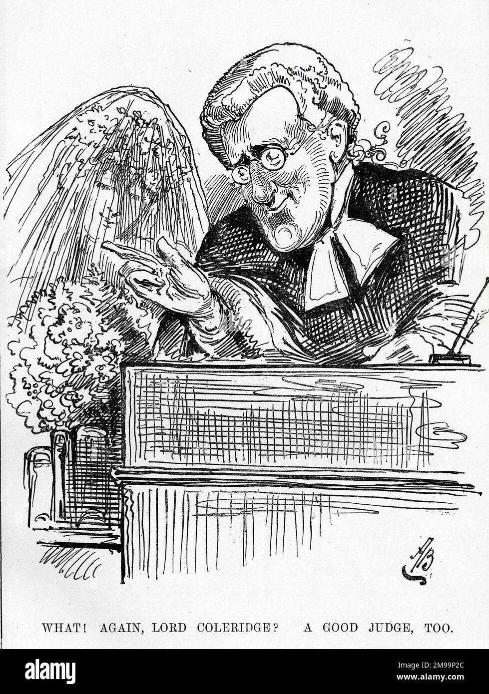 Cartoon, What! Again, Lord Coleridge? A Good Judge, Too. John Duke Coleridge, 1st Baron Coleridge (1820-1894), British lawyer, judge, and Lord Chief Justice of England. His first wife died in 1878, and he married again in 1885 - seen here with his new bride, Amy Augusta Jackson Lawford. Stock Photo