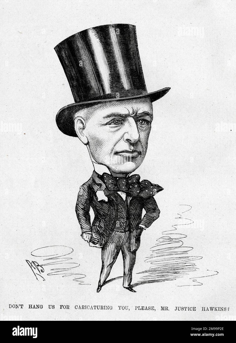 Cartoon portrait of Justice Henry Hawkins. Don't hang us for caricaturing you, please, Mr Justice Hawkins! Henry Hawkins, 1st Baron Brampton (1817-1907), English judge in the High Court of Justice between 1876 and 1898, gained a reputation as a hanging judge. Stock Photo