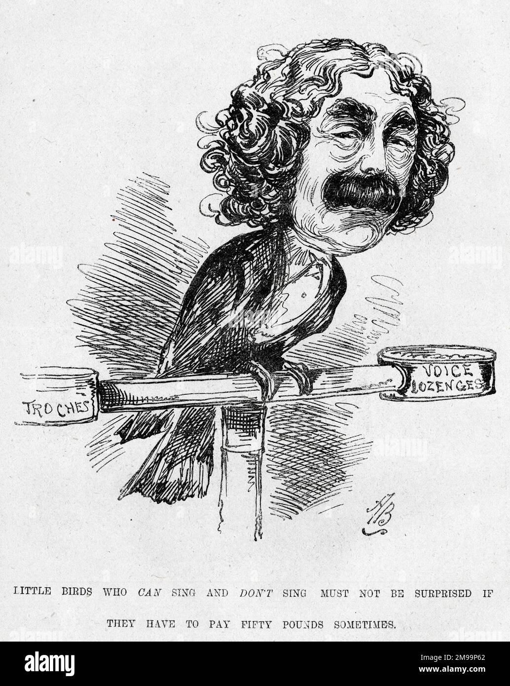 Cartoon, Little birds who can sing and don't sing must not be surprised if they have to pay fifty pounds sometimes. John Sims Reeves (1821-1900), operatic, oratorio and ballad singer, had been unable to perform because of a bad throat. Stock Photo