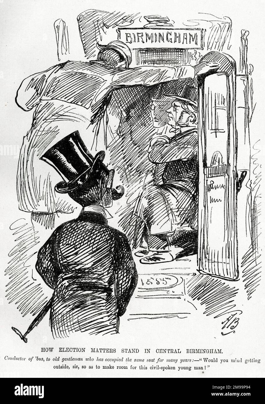 Cartoon, How election matters stand in Central Birmingham - Would you mind getting outside, sir, so as to make room for this civil-spoken young man? In the autumn General Election of 1885 Randolph Churchill contested Birmingham Central against the Liberal candidate, John Bright, but was defeated. Stock Photo