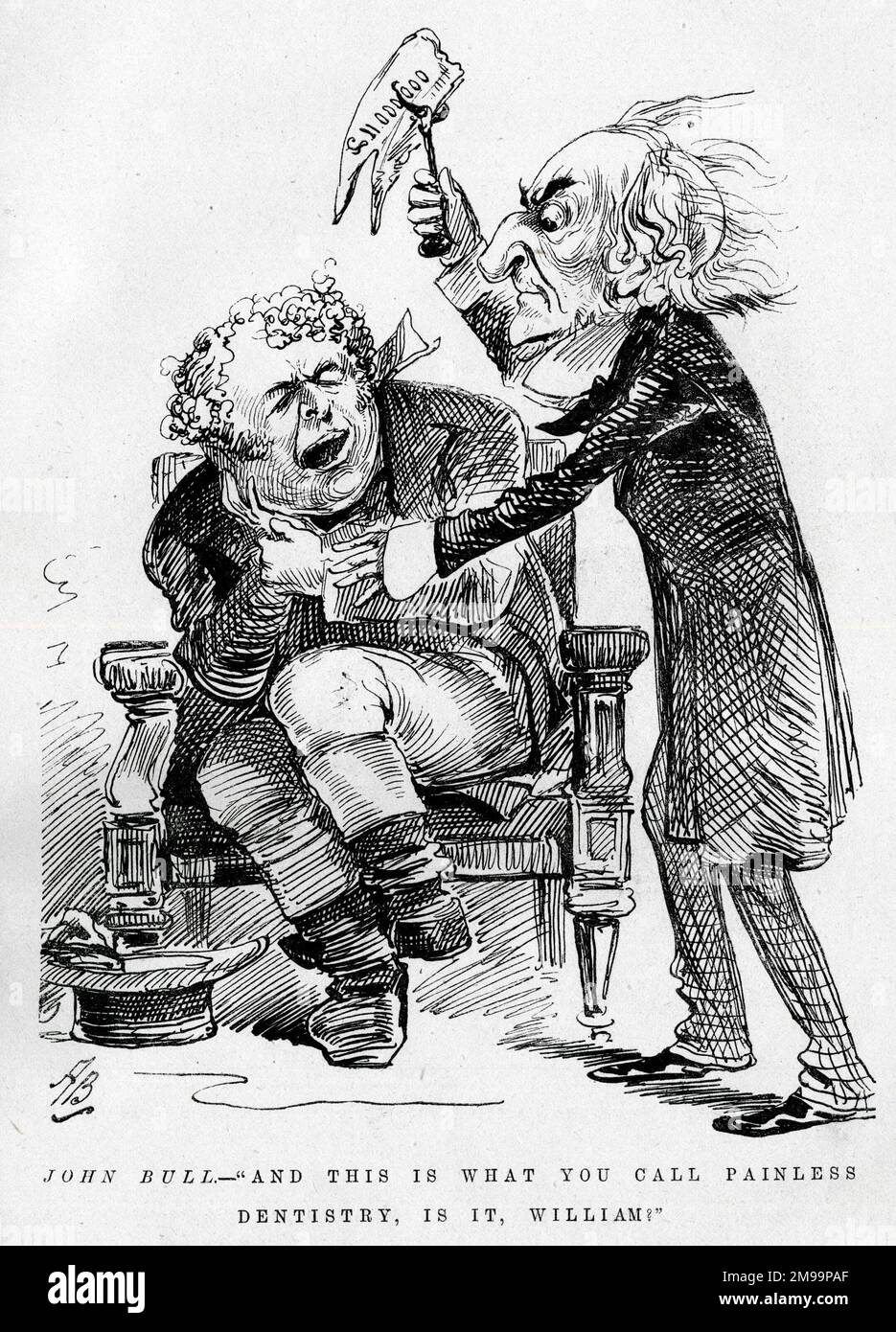 Cartoon, John Bull with William Gladstone as a dentist who has just extracted an eleven million pound tooth - And this is what you call painless dentistry, is it, William? Stock Photo