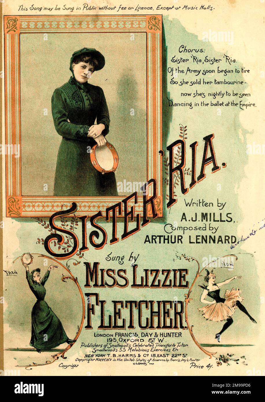 Music cover, Sister Ria, written by A J Mills, composed by Arthur Lennard, sung by Miss Lizzie Fletcher. Stock Photo