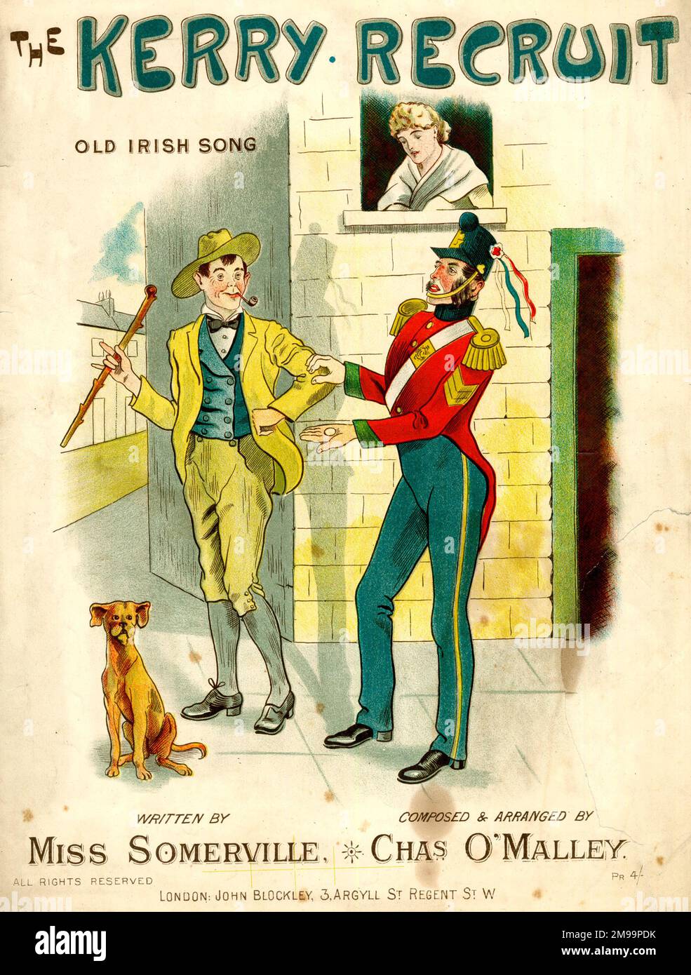 Music cover, The Kerry Recruit, Old Irish Song, written by Miss Somerville, composed and arranged by Charles O'Malley. Stock Photo