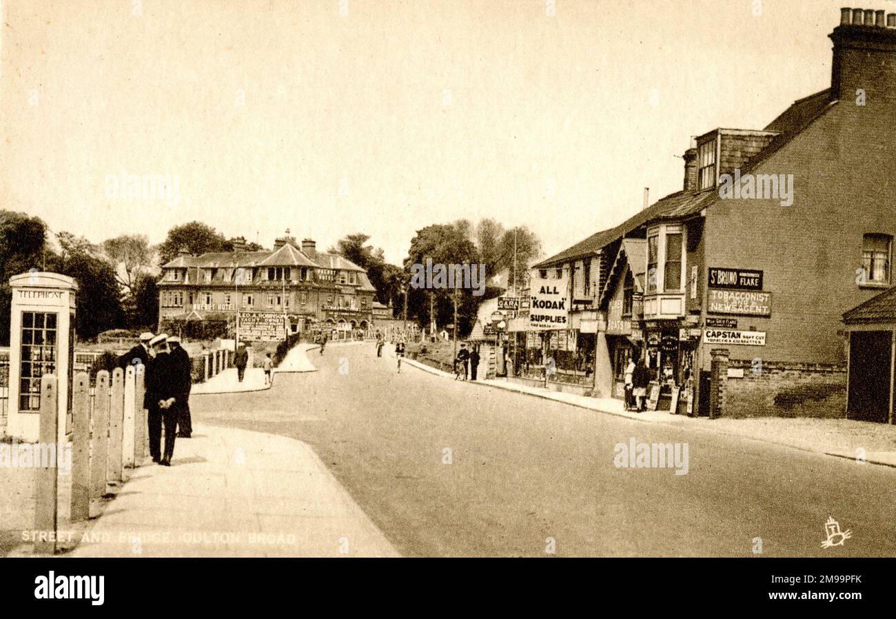 Shops, street and bridge in Oulton Broad, Suffolk. Stock Photo