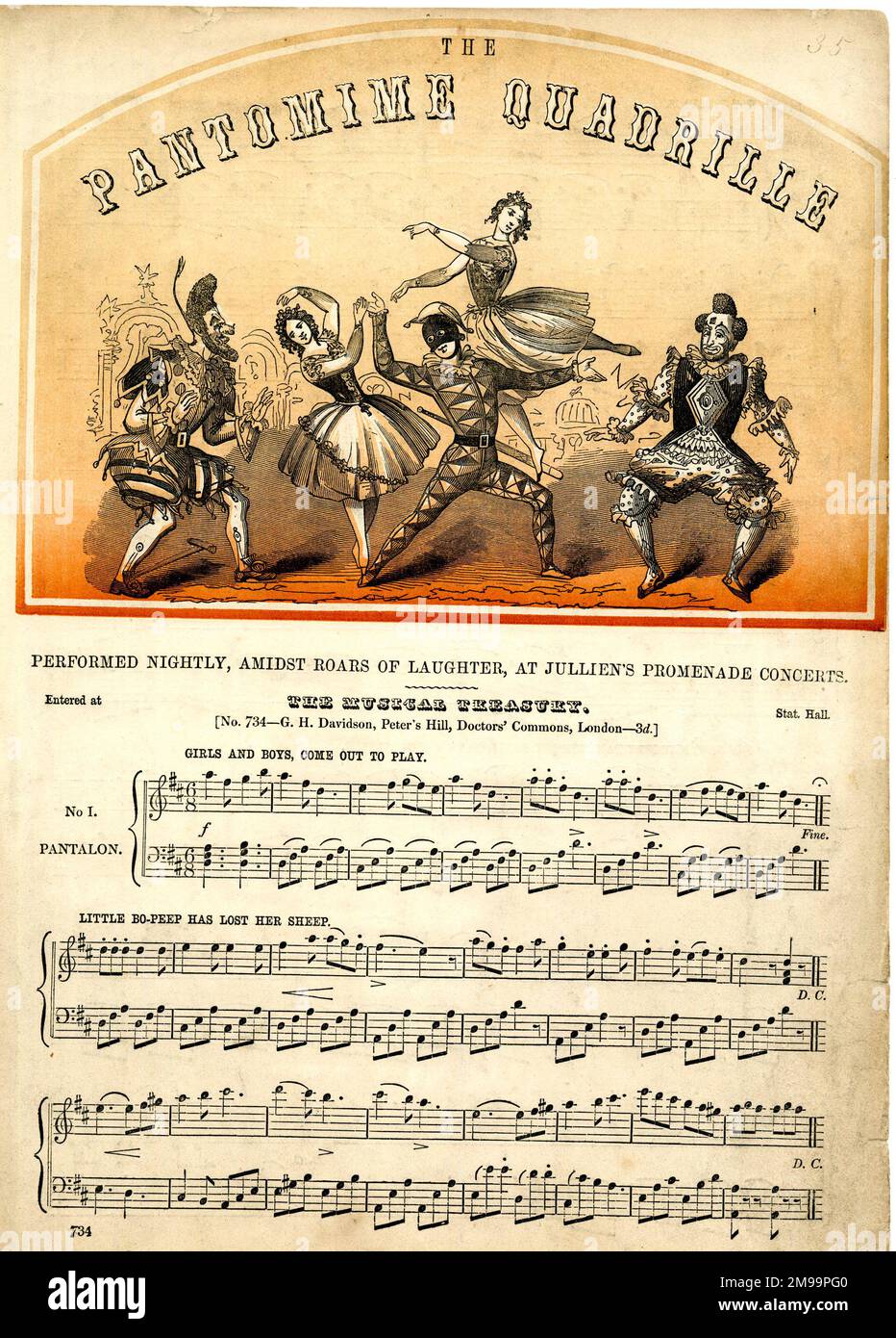 Music cover, The Pantomime Quadrille, performed at Jullien's Promenade Concerts, Theatre Royal, Drury Lane, London. Including music for Girls and Boys Come Out to Play and Little Bo Peep Has Lost Her Sheep. Stock Photo