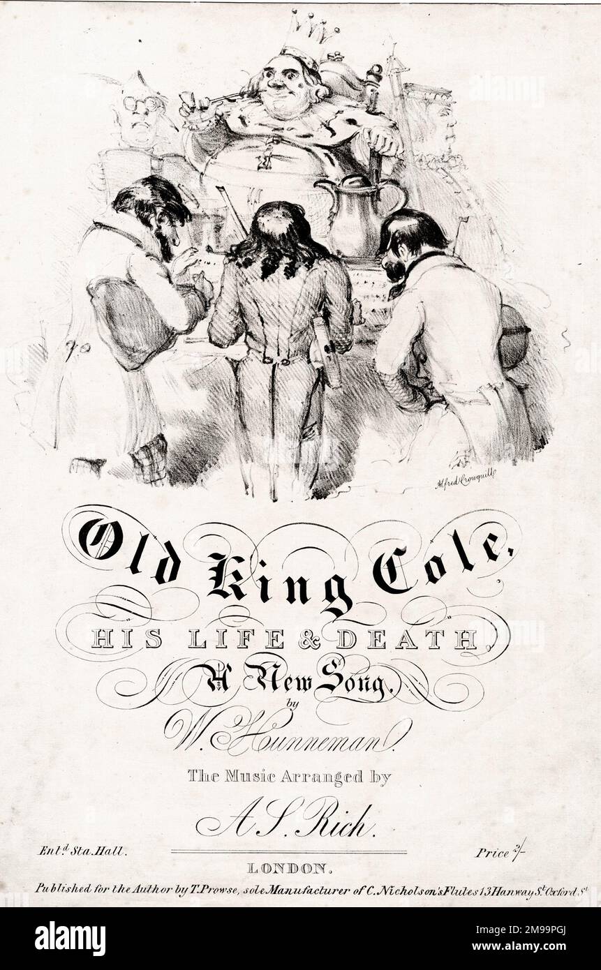 Music cover, Old King Cole, His Life & Death, A New Song by N Hounneman, arranged by A S Rich, drawn by Alfred Crowquill. Stock Photo