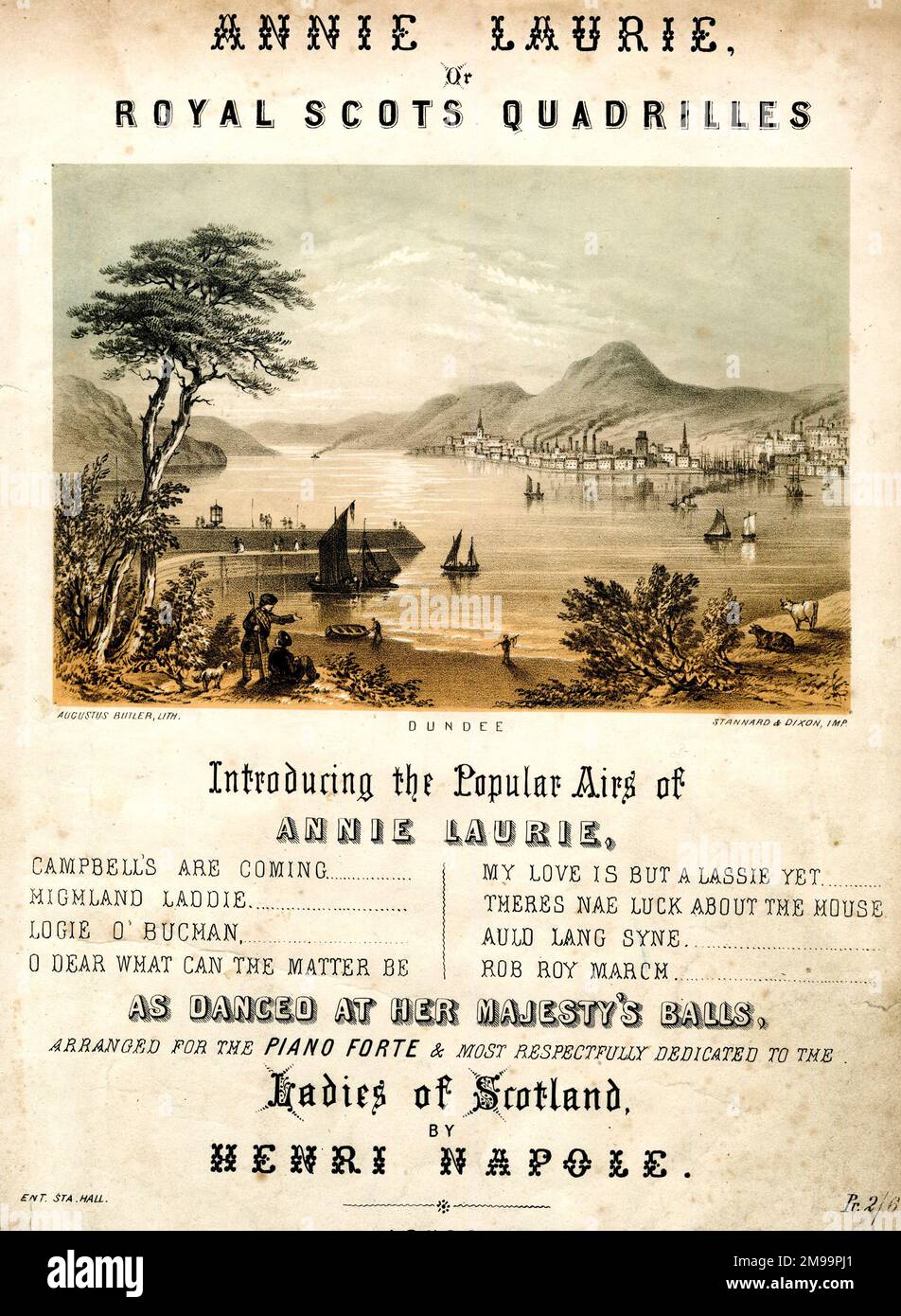Music cover, Annie Laurie or Royal Scots Quadrilles, with a view of Dundee, Scotland. Introducing the Popular Airs of Annie Laurie (Campbells Are Coming, Highland Laddie, Logie O'Buchan, O Dear What Can The Matter Be, My Love is But a Lassie Yet, There's Nae Luck About the House, Auld Lang Syne, Rob Roy March) as danced at Her Majesty's Balls. Arranged for piano and dedicated to the Ladies of Scotland by Henri Napole. Stock Photo