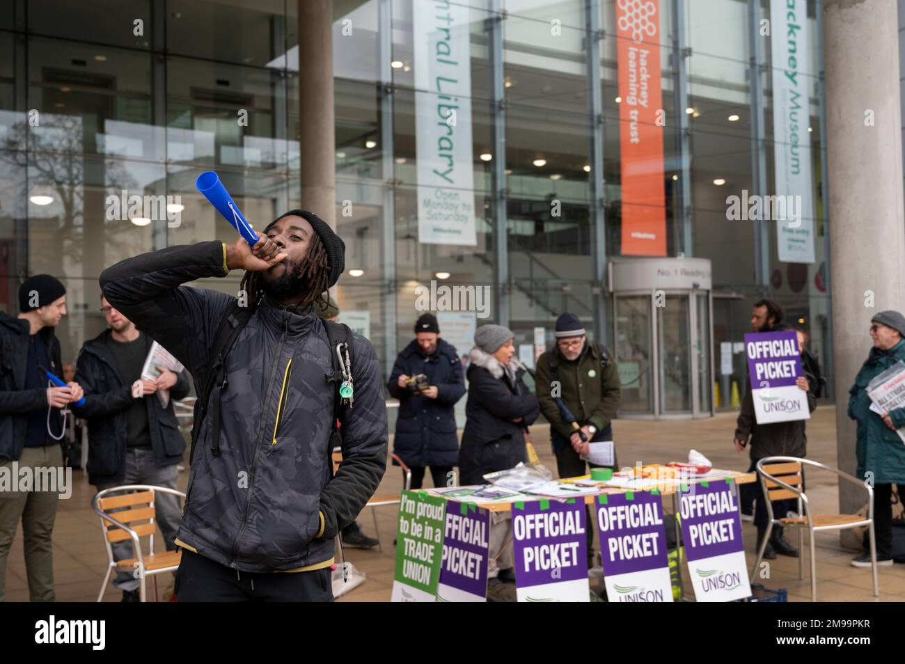 Hackney, London. Picket of Hackney Central library by striking members