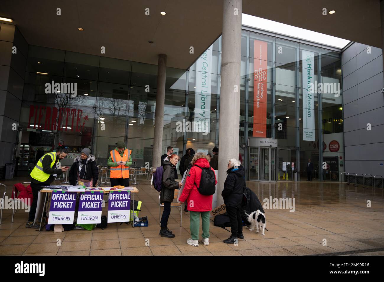 Hackney, London. Picket of Hackney Central library by striking members