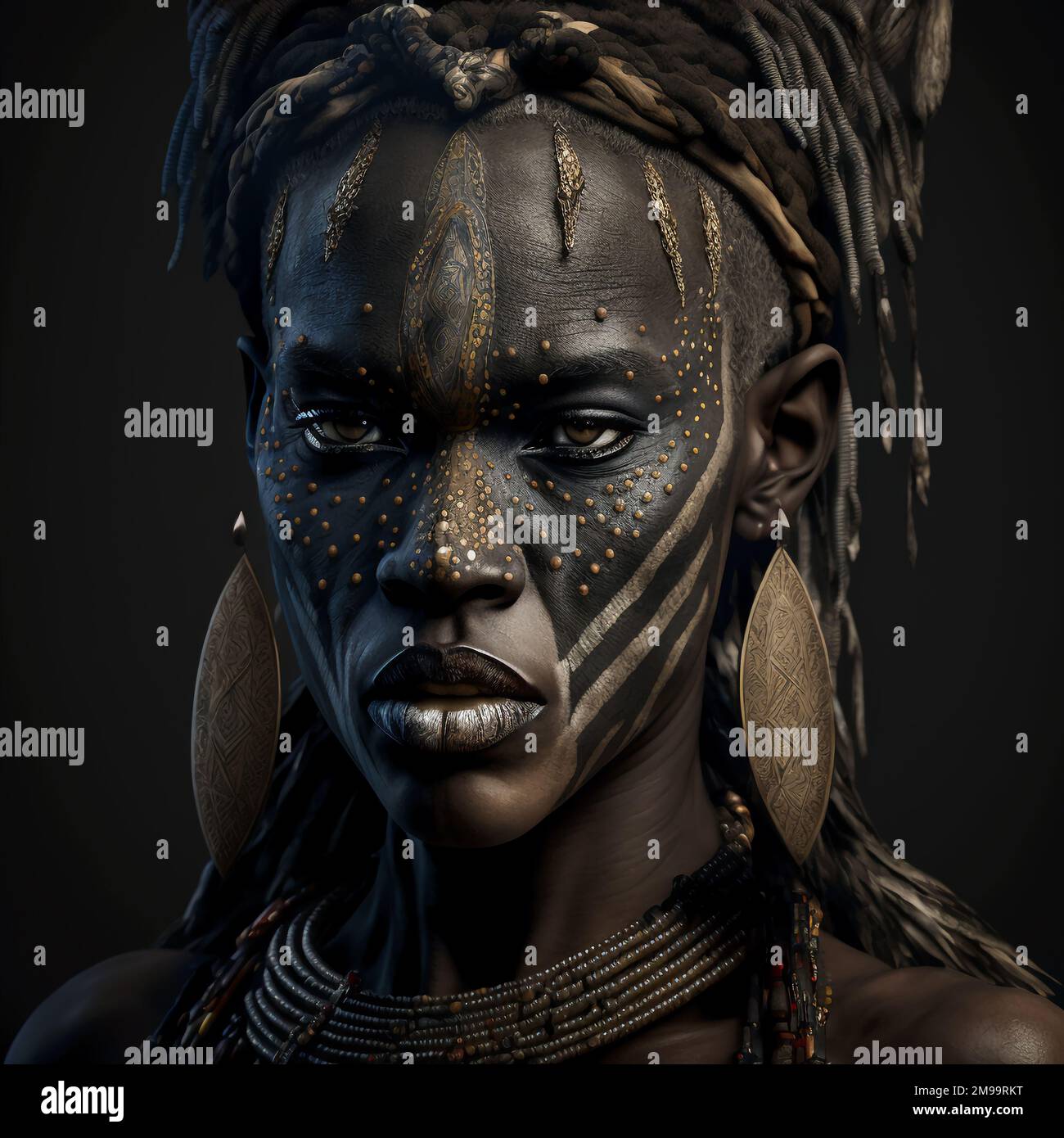 Ancient african tribe war paint, dark tones, cinematic picture Stock