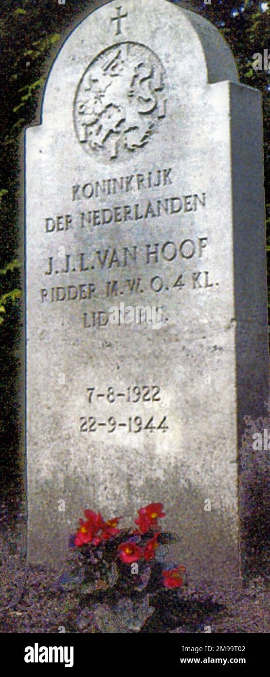 This is in the back right hand corner of a Cemetery of Honour which was laid out in 1971.The Dutch flag flies here and there is a plaque to 'The Fallen 1940-1945'. It contains headstones to forty-eight victims of the war, the final one of which is that of Jan van Hoof. The story of this young Resistance worker, who is credited with disabling the explosive charges under the bridge at Nijmegen during Operation Market Garden, is a complicated one with claims and counter-claims about just what he did do. His action at Nijmegen gained him the Military Order of William. Van Hoof's Memorial in Nijm Stock Photo