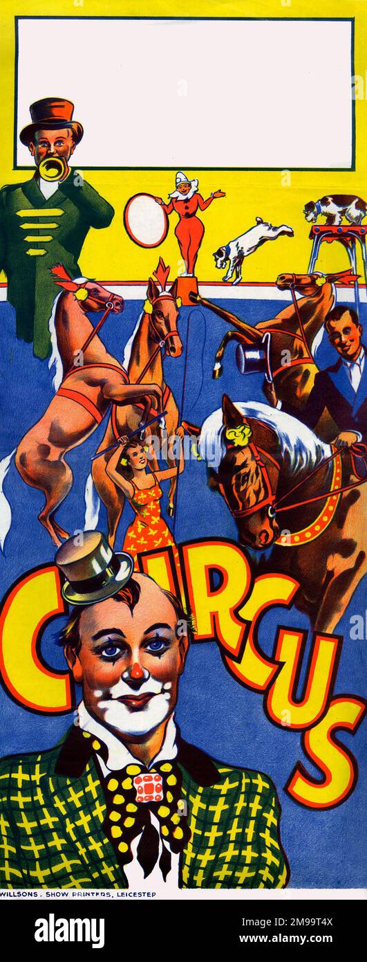Circus poster with ringmaster, clowns and acrobats. Stock Photo