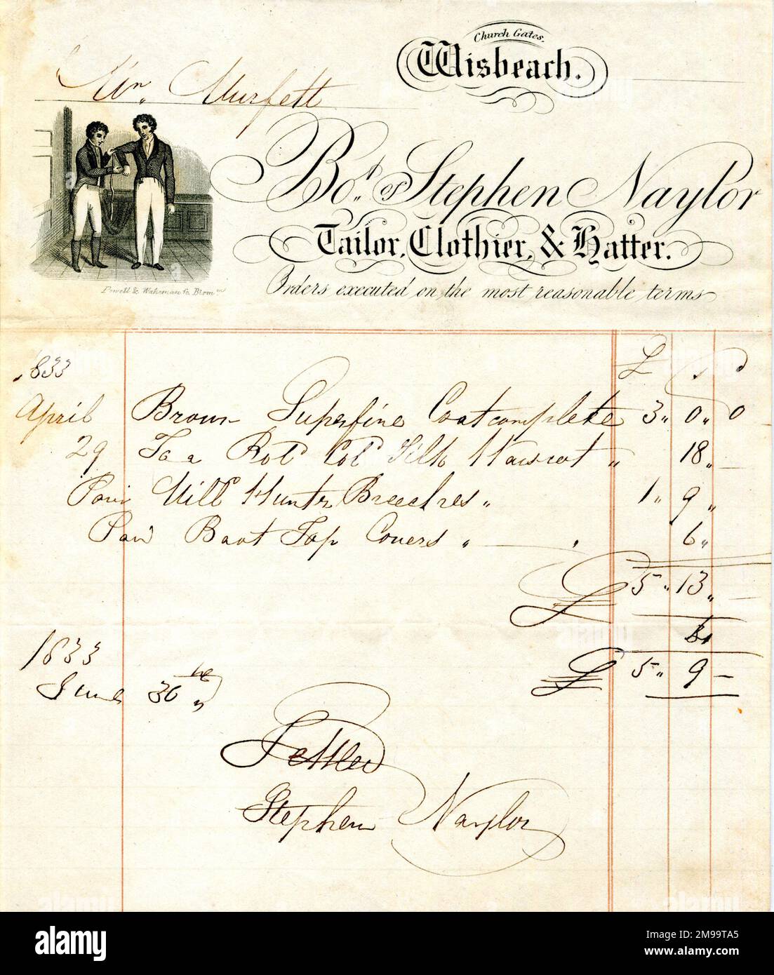 Stationery, Stephen Naylor, Men's Tailor Clothier and Hatter, Church Gates, Wisbeach (Wisbech), Cambridgeshire, with handwritten statement totalling five pounds and nine shillings (paid). Stock Photo