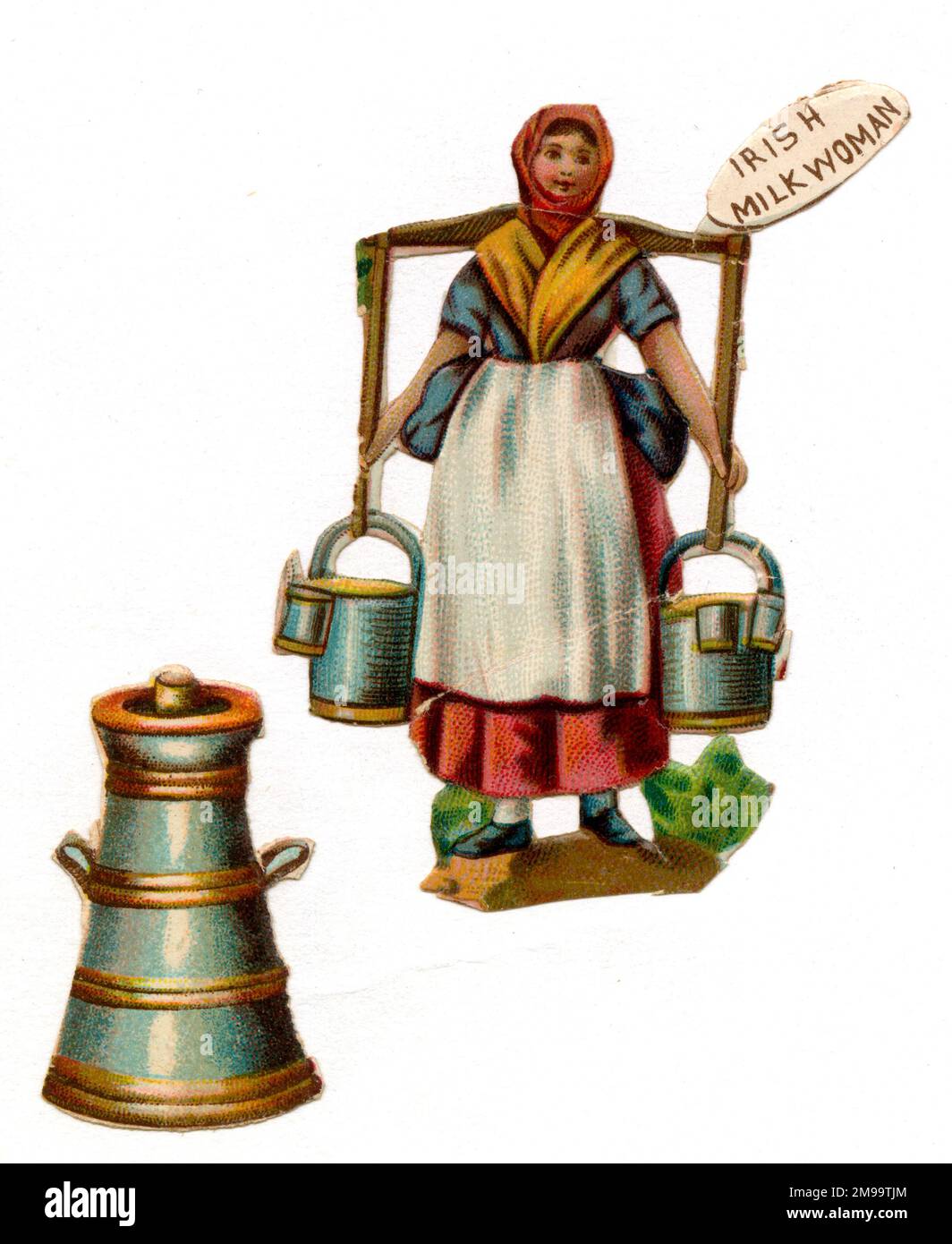 Victorian scrap, an Irish milkmaid, with a yoke, two pails and a churn. Stock Photo
