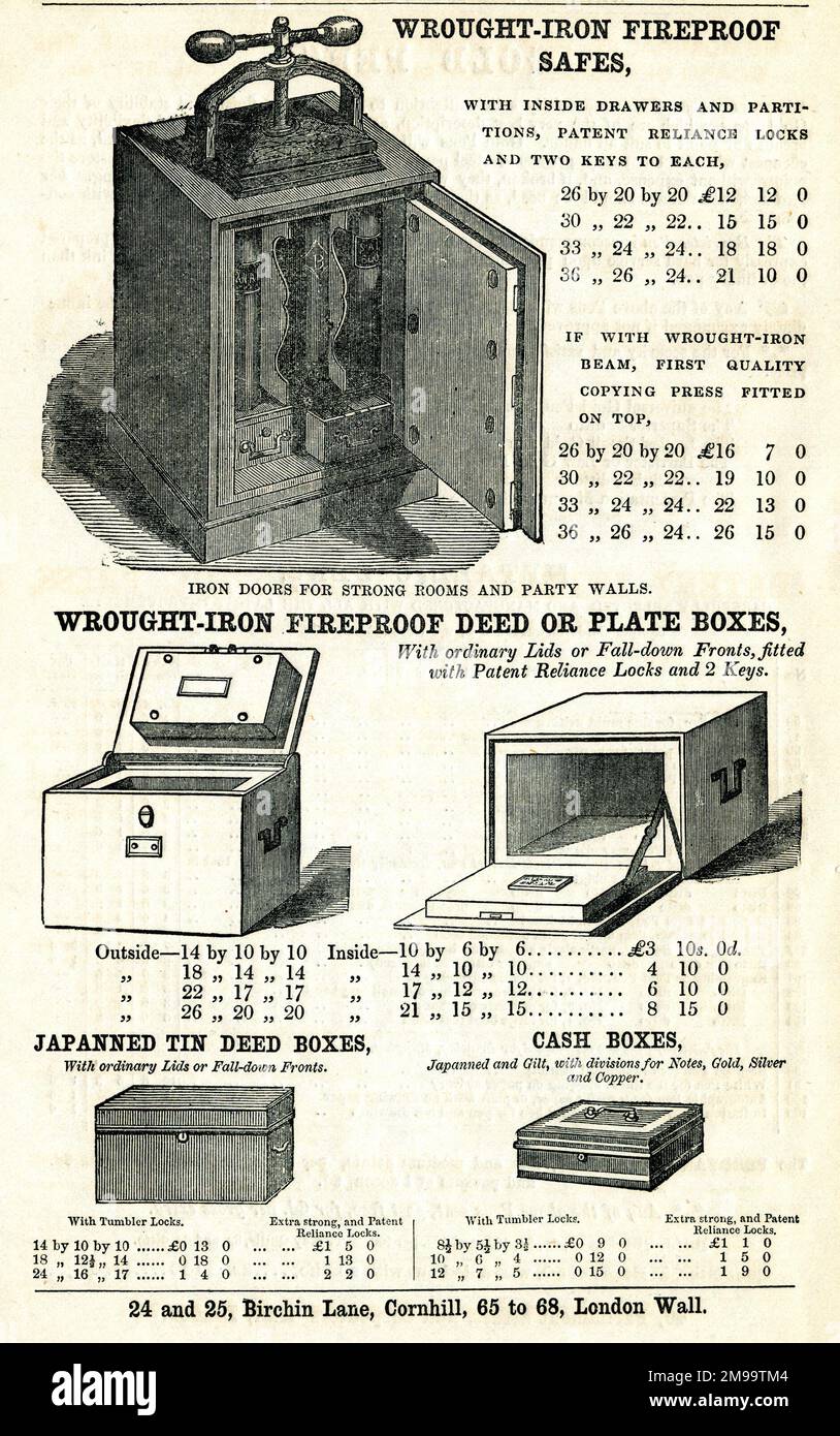 Advert, wroughtiron fireproof safes, deed boxes and cash boxes Stock