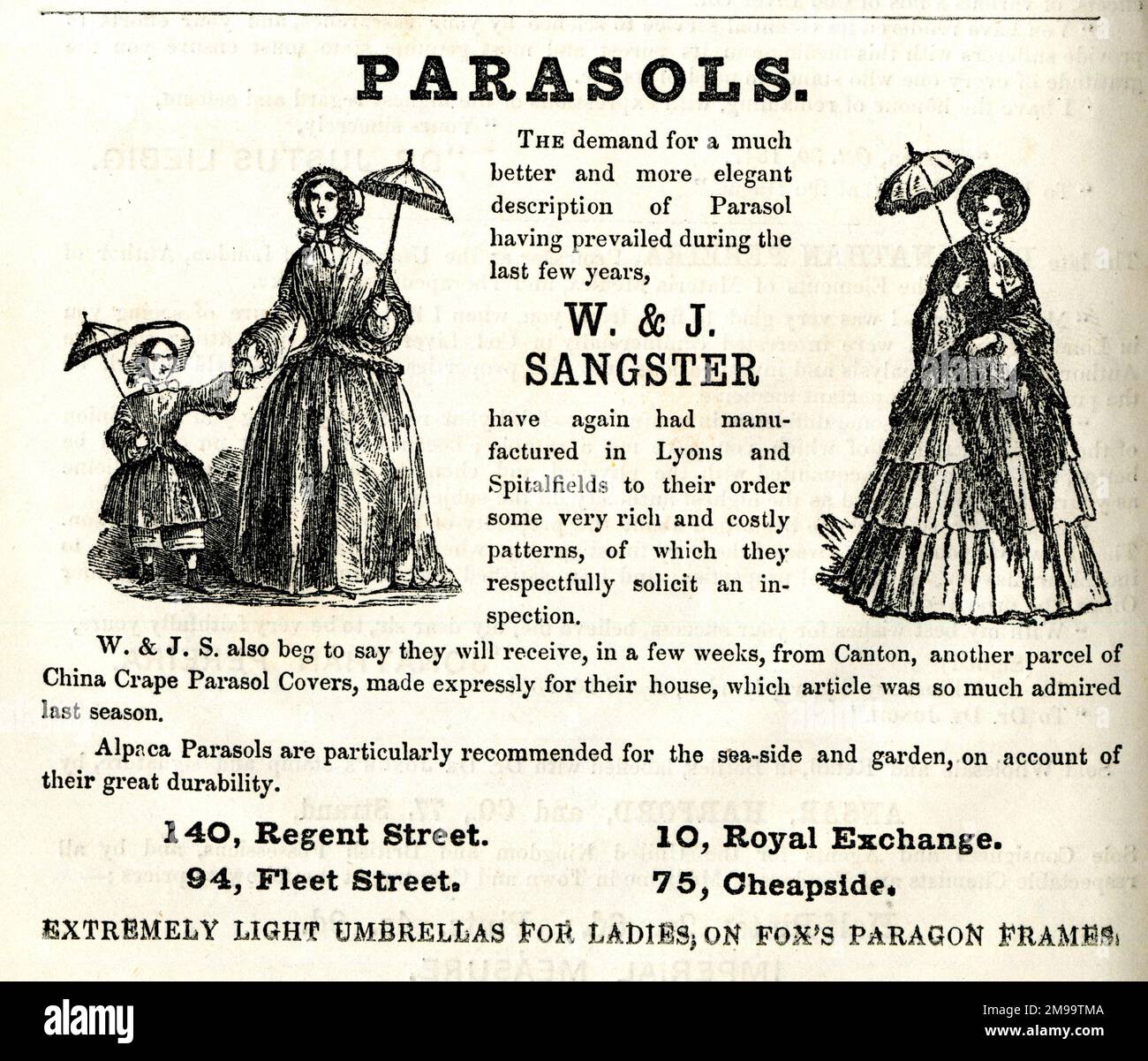 Advert, W & J Sangster, Parasols, with various shops in London Stock