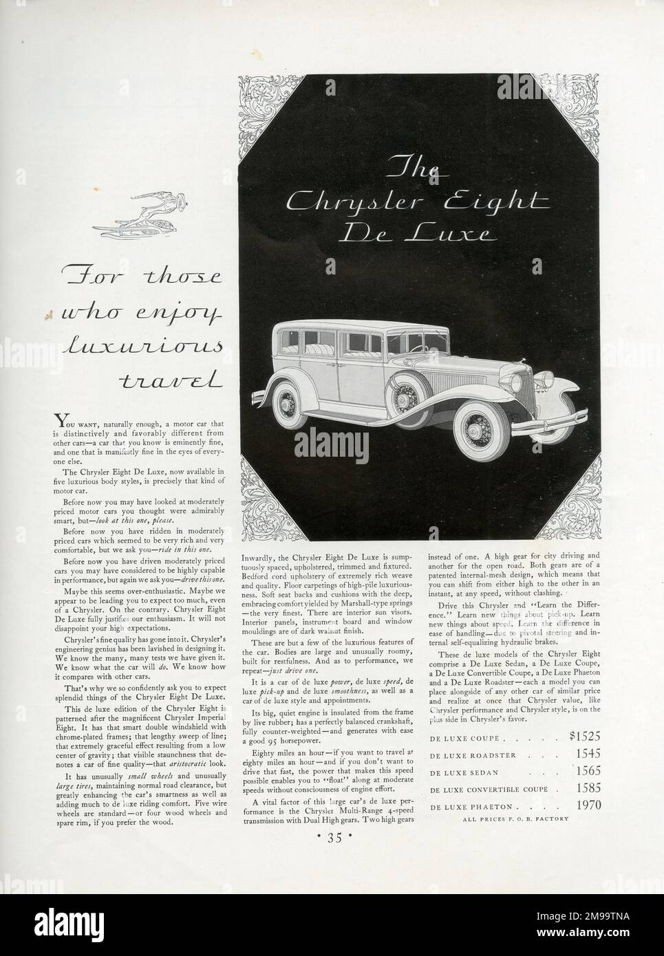 Advert, Chrysler Eight De Luxe car, available in five different body styles: Coupe, Roadster, Sedan, Convertible Coupe, and Phaeton. For those who enjoy luxurious travel. Stock Photo