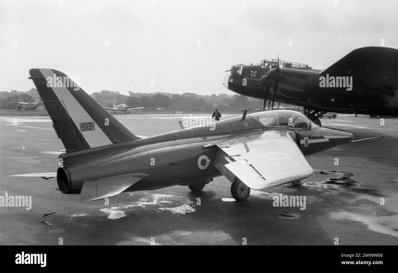 Red Arrows Hawker Siddeley Gnat T Mk.2 XS111 and Battle of Britain Memorial Flight Lancaster PA474. Stock Photo