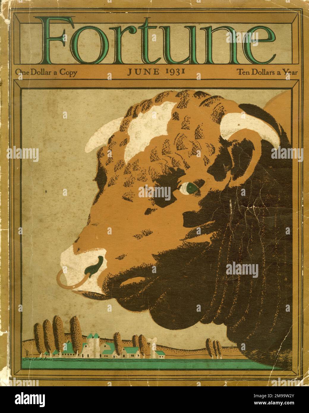 Front cover, Fortune magazine, June 1931 -- a bull with a ring through its nose. Stock Photo