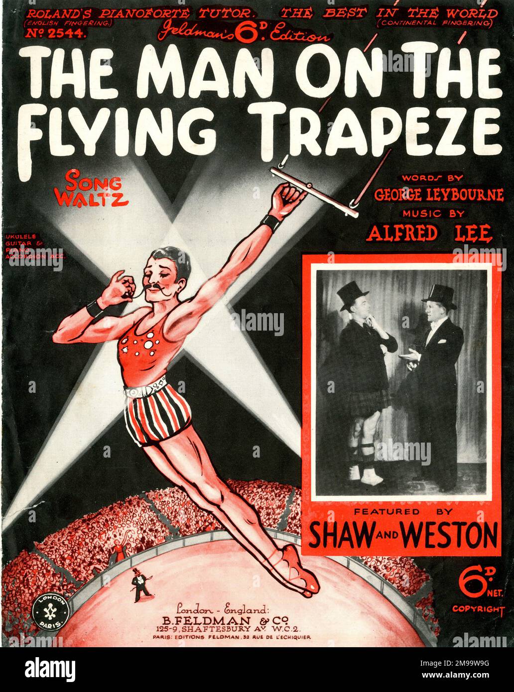 Music cover, The Man on the Flying Trapeze, song waltz, words by George Leybourne, music by Alfred Lee, performed by Shaw and Weston. Stock Photo