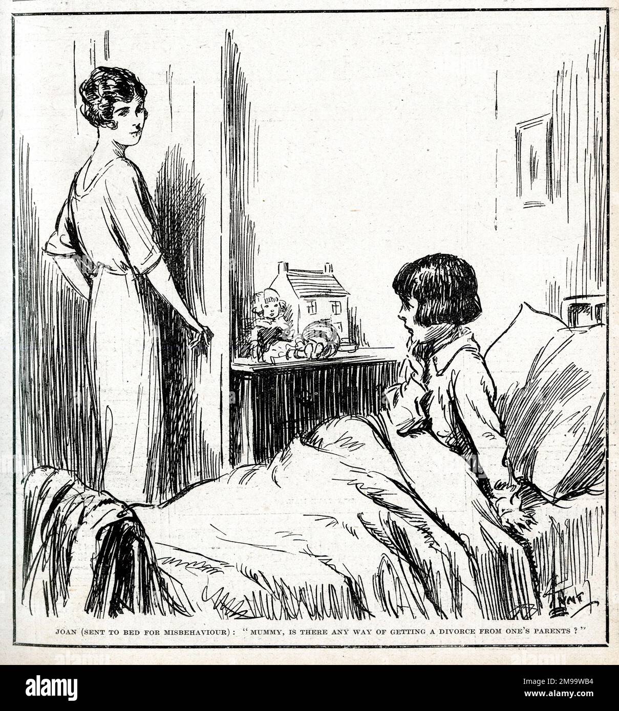 Cartoon, Child sent to bed for misbehaviour. Stock Photo