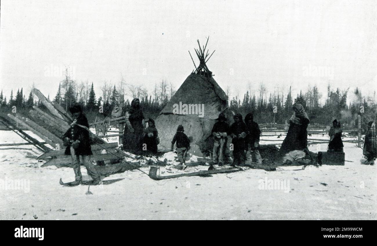 Native American camp in winter. Stock Photo