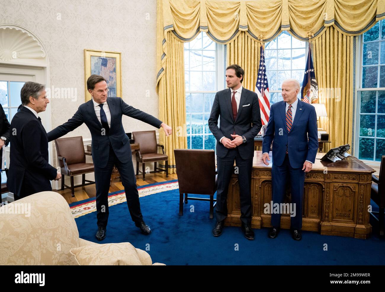 Washington DC, USA. 17th Jan, 2023. WASHINGTON - Prime Minister Mark Rutte and Wopke Hoekstra, Minister of Foreign Affairs, during their meeting with US President Joe Biden and US Secretary of State Anthony Blinken at the White House. During the visit, the coordination of the support to Ukraine will be discussed. Further cooperation in the field of defense and security will also be discussed, and further strengthening of the bilateral trade relationship between the Netherlands and the United States will be discussed. ANP BART MAAT netherlands out - belgium out Credit: ANP/Alamy Live News Stock Photo