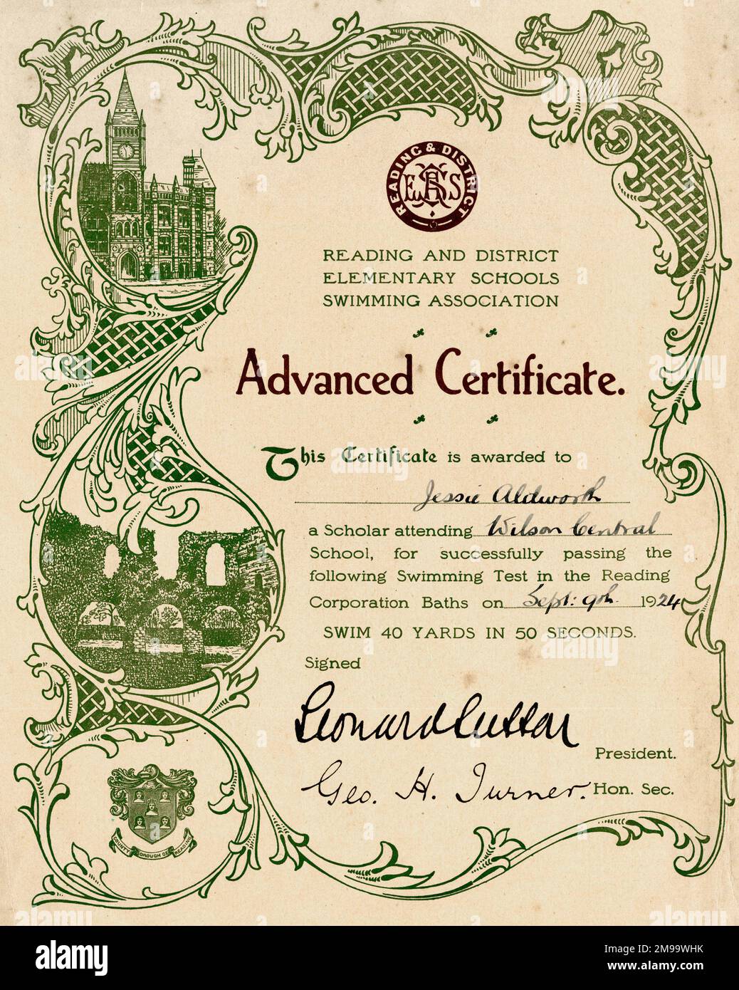 Advanced Swimming Certificate, Reading and District Elementary Schools Swimming Association, for swimming 40 yards in 50 seconds. Stock Photo