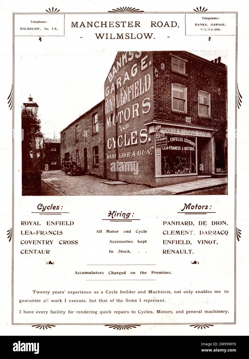 Advert, Banks's Motor Car and Cycle Garage, Manchester Road, Wilmslow