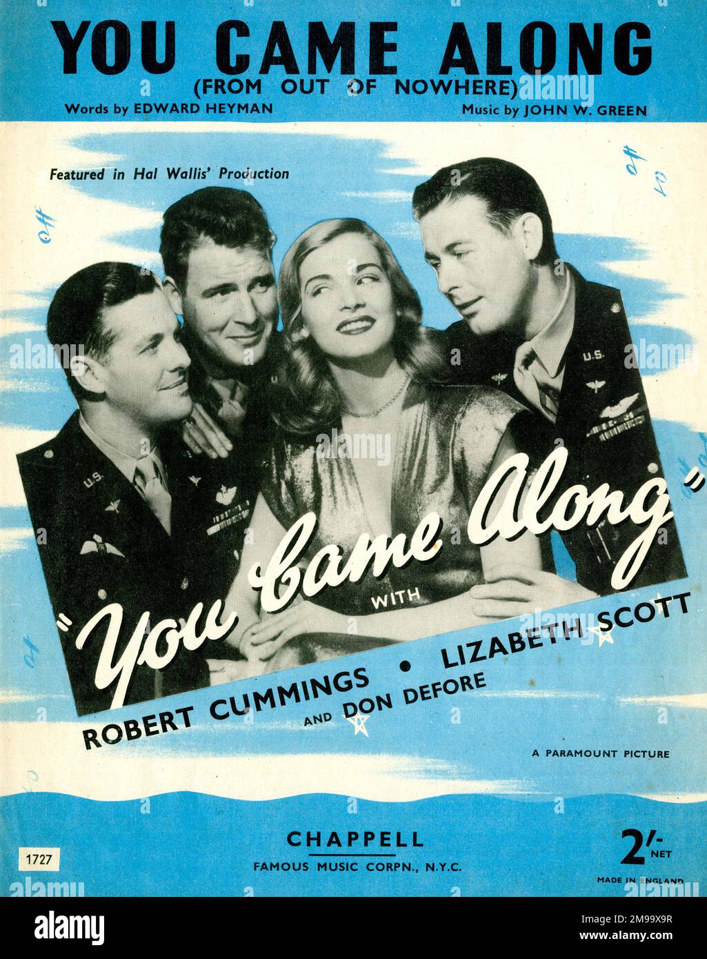 Music cover, You Came Along (From Out of Nowhere), words by Edward Heyman, music by John W Green, performed in the film You Came Along, with Robert Cummings, Lizabeth Scott and Don Defore. Stock Photo