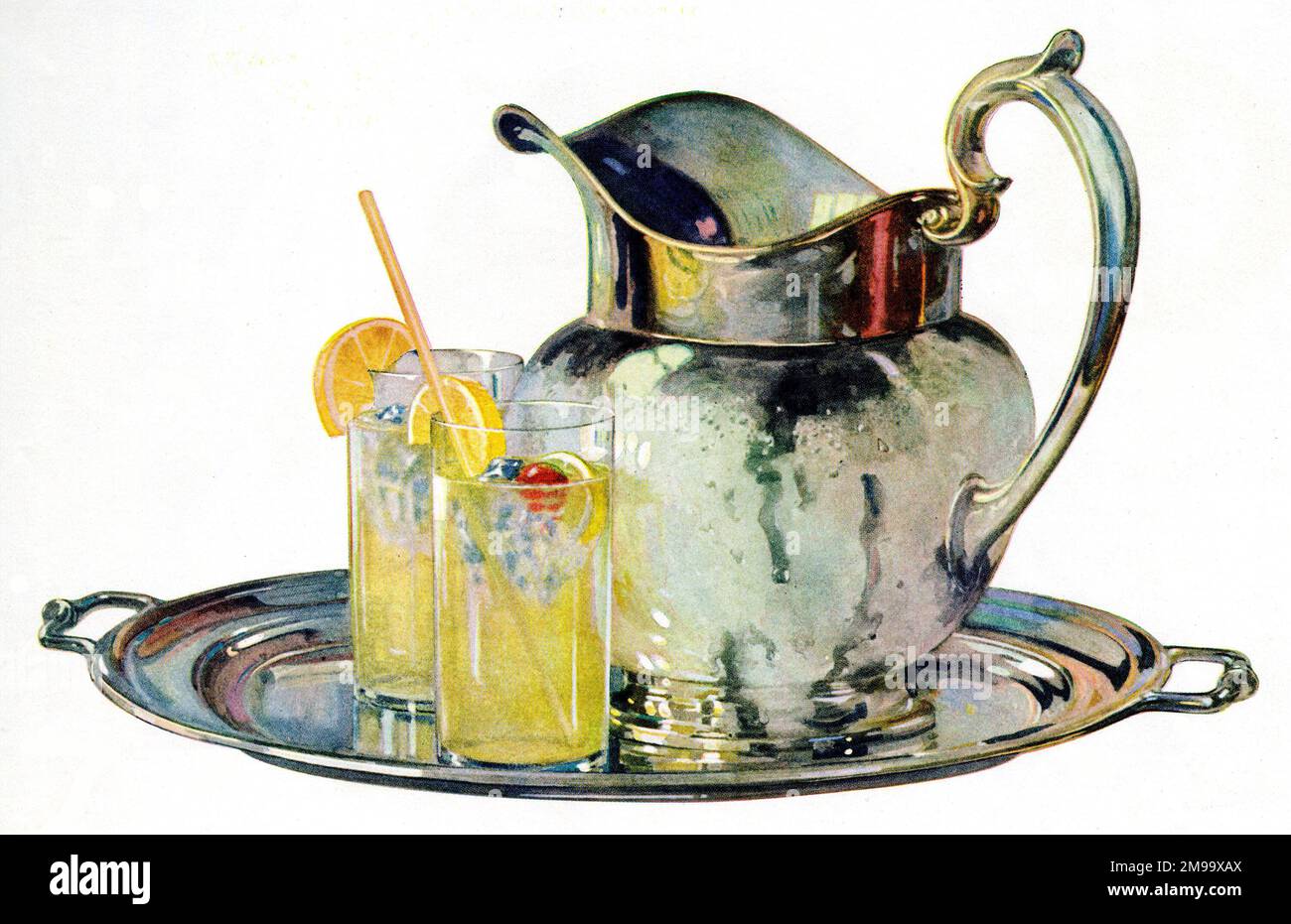 Tray with lemonade jug and two glasses Stock Photo Alamy