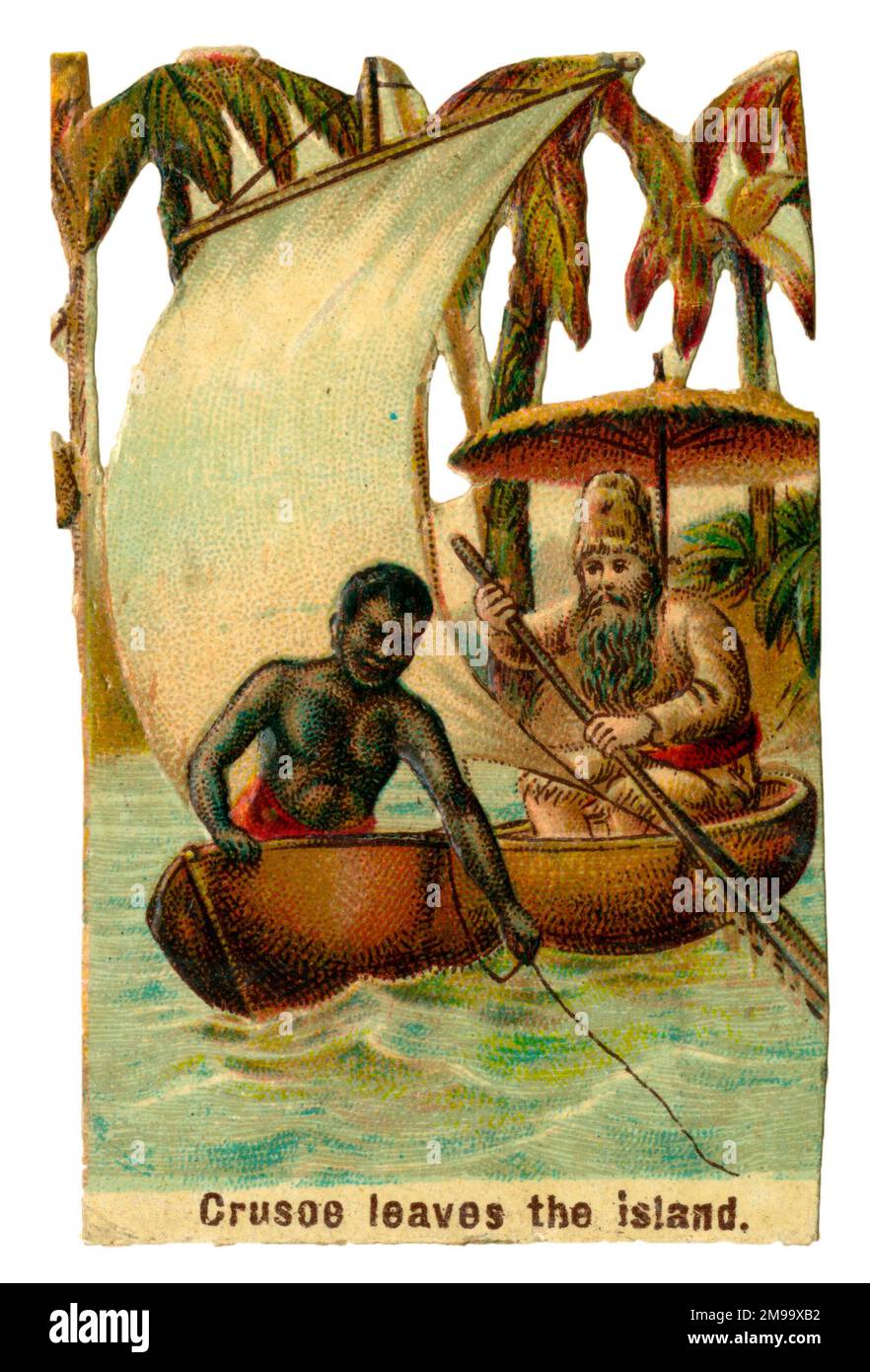 Victorian scrap, Robinson Crusoe leaves the island with Man Friday. Stock Photo