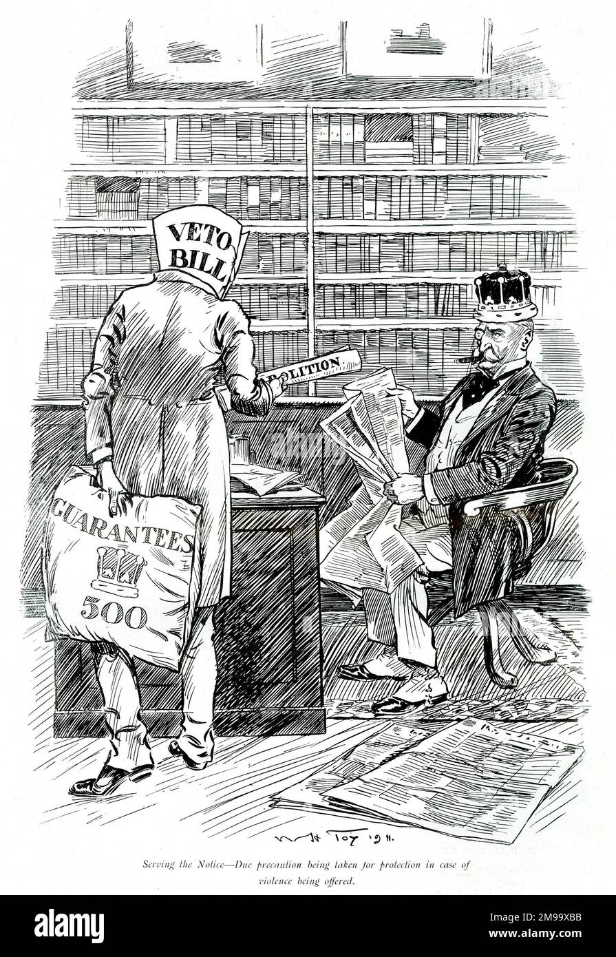 Cartoon, The Veto Bill, by W H Toy. The new legislation was designed to limit the powers of veto of the House of Lords, and became law later the same year. Stock Photo