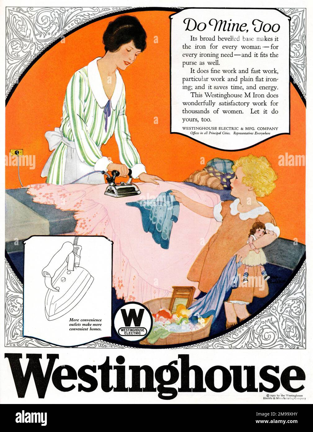 Advert, Westinghouse electric iron -- mother and daughter ironing. Stock Photo
