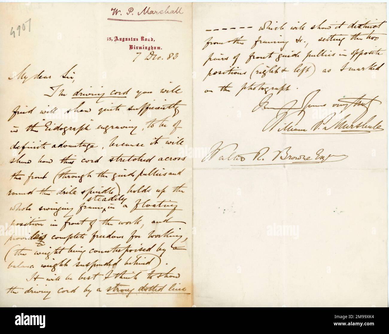 Letter, 7 Dec 1883 from William Prime Marshall to Walter Raleigh Browne accompanying an explanation of James Watt's Sculpture copying machinery (eidograph) - see BAW/14/001-2. Stock Photo