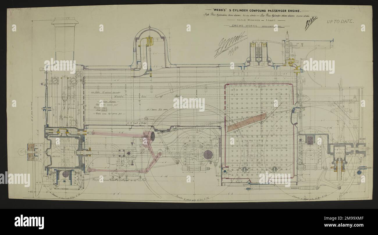 Webb's passenger engine. 3 cylinder compound, side elevation locomotive no 300, Crewe Works. Scale 1.5 inches:1 foot. Signed 'F W Webb 10/1/83', and embossed 'Henry Chapman, 113 Victoria Street, Westminster'. Stock Photo