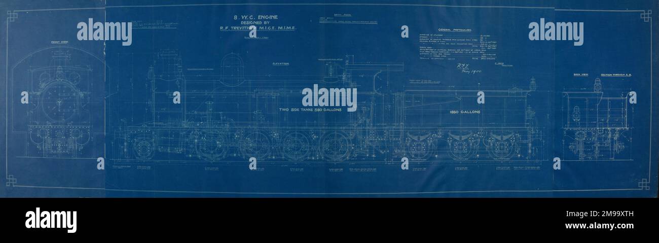 8 WC tank engine by Richard Trevithick. Front, side and rear elevations ...