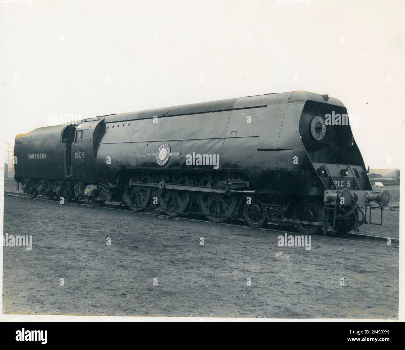 Canadian Pacific. Loco number 21C5 with modified front end and casing, at Eastleigh Works Yard during experiements in smoke deflection. Stock Photo