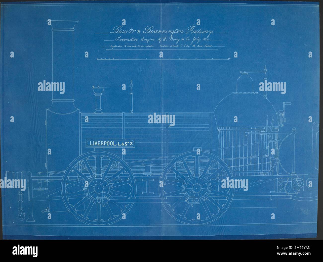 Liverpool engine by E Bury & Co for the Railway. Side elevation, line drawing. Stock Photo